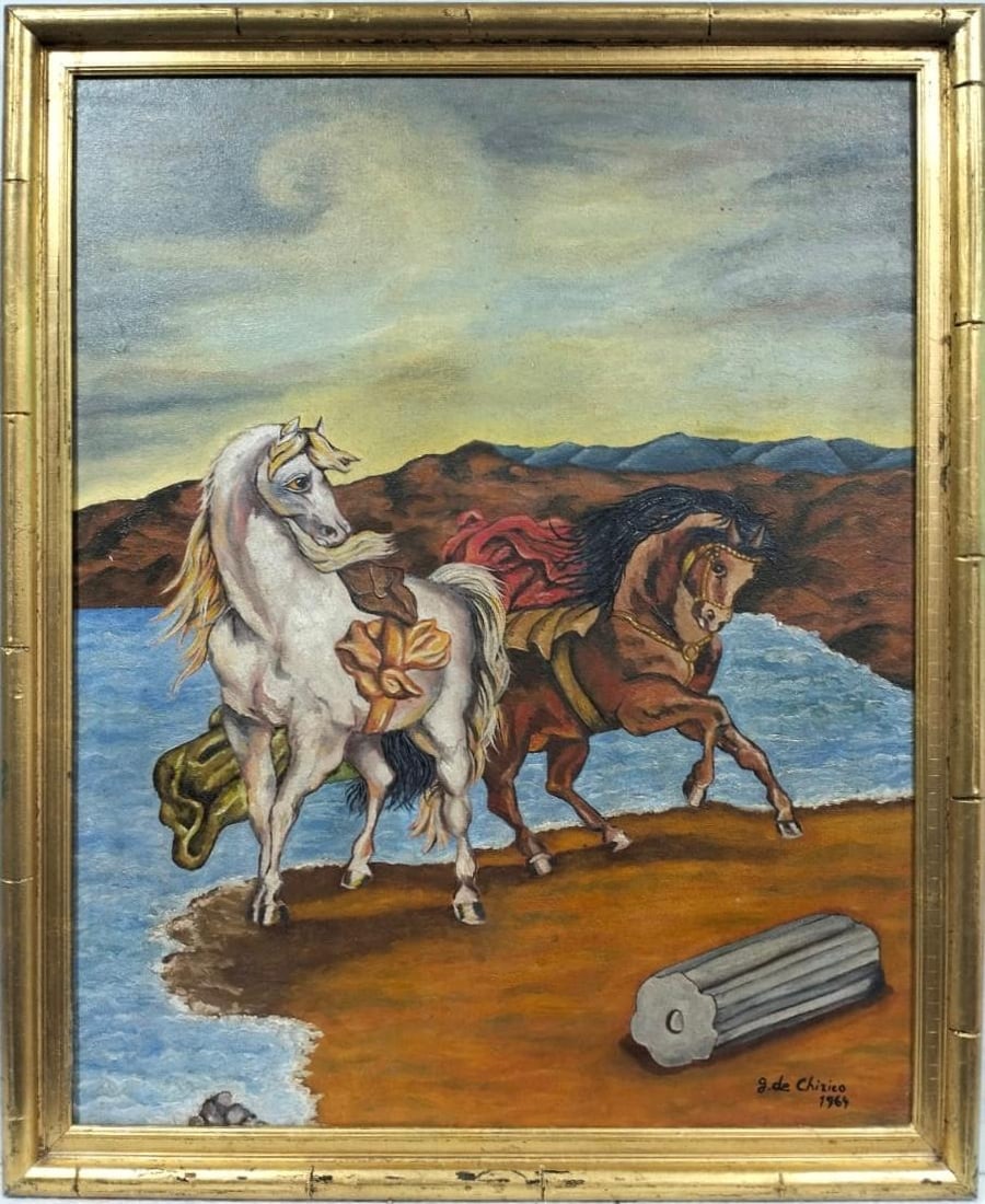Giorgio de Chirico Italian 1888–1978, Oil on Canvas in the style of Carrà, Morandi, Savinio Era: Title: Landscape with Horses by the Shore Technique: Oil on Canvas Measures: 30 x 24 in (77 x 61 cm) Year: Circa 1964 Condition: GoodProvenance: Private collection. Acquired in 1965 by Lorenzo Mancini