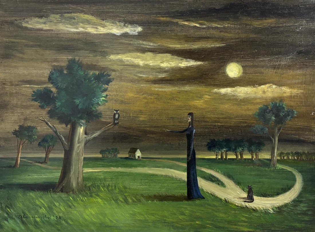 Gertrude Abercrombie American 1907-1977 Oil on Masonite Painting In the Style of Magritte, Dali Era.: Title: Watching the Owl Technique: Oil on Masonite Measures: 12 x 16 in Year: Circa 1955 Condition: GoodProvenance: Private collection. Acquired in 1956 by Helena Varga, a Hungarian pianist and art en