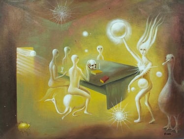 Remedios Varo Spanish-Mexican Oil on Canvas In the Style of. Carrington and Varo Surrealist Period.