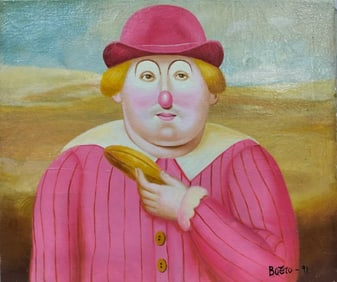 Fernando Botero (Colombian) Oil on Canvas Painting, In the Style Of. "Boterismo'' Style Period.