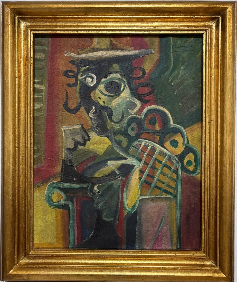 Pablo Picasso Spanish 1881-1973 Oil on Canvas in the style of . Dali,Magritte,Chagall & Picasso Era: Title: Homme à la Chaise VerteTechnique: Oil on canvasMeasures: 23 x 19 inchesYear: Circa 1941Condition: Good — minor craquelure and light wear to surface consistent with age; paint layer remains s