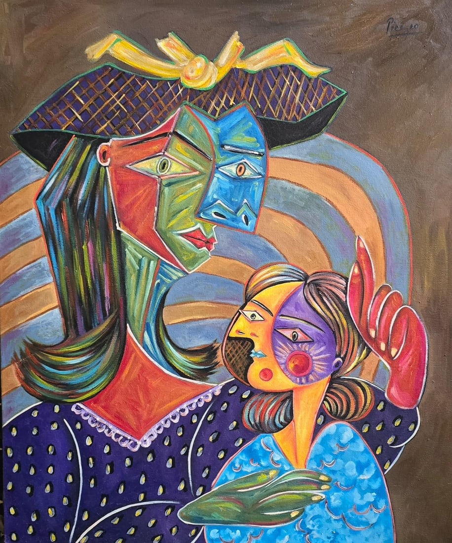 Pablo Picasso Spanish 1881-1973 Oil on Canvas in the style of . Dali,Magritte,Chagall & Picasso Era: DescriptionTitle: Woman with Child Technique: Oil on canvas Measures: 20 x 16 inches Year: 1942 Condition: Very GoodProvenance: Executed in Paris during 1942 and first acquired directly from the artis