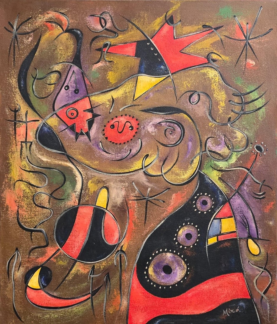 Joan Miró Spanish 1893–1983 Oil on Canvas in the style of. Dali, Magritte, Chagall & Picasso Era: Title: Composition aux Formes Célestes Technique: Oil on canvas Measures: 20 x 17 inches Year: Circa 1946 Condition: Good — minor craquelure and gentle toning consistent with age; colors remain viv