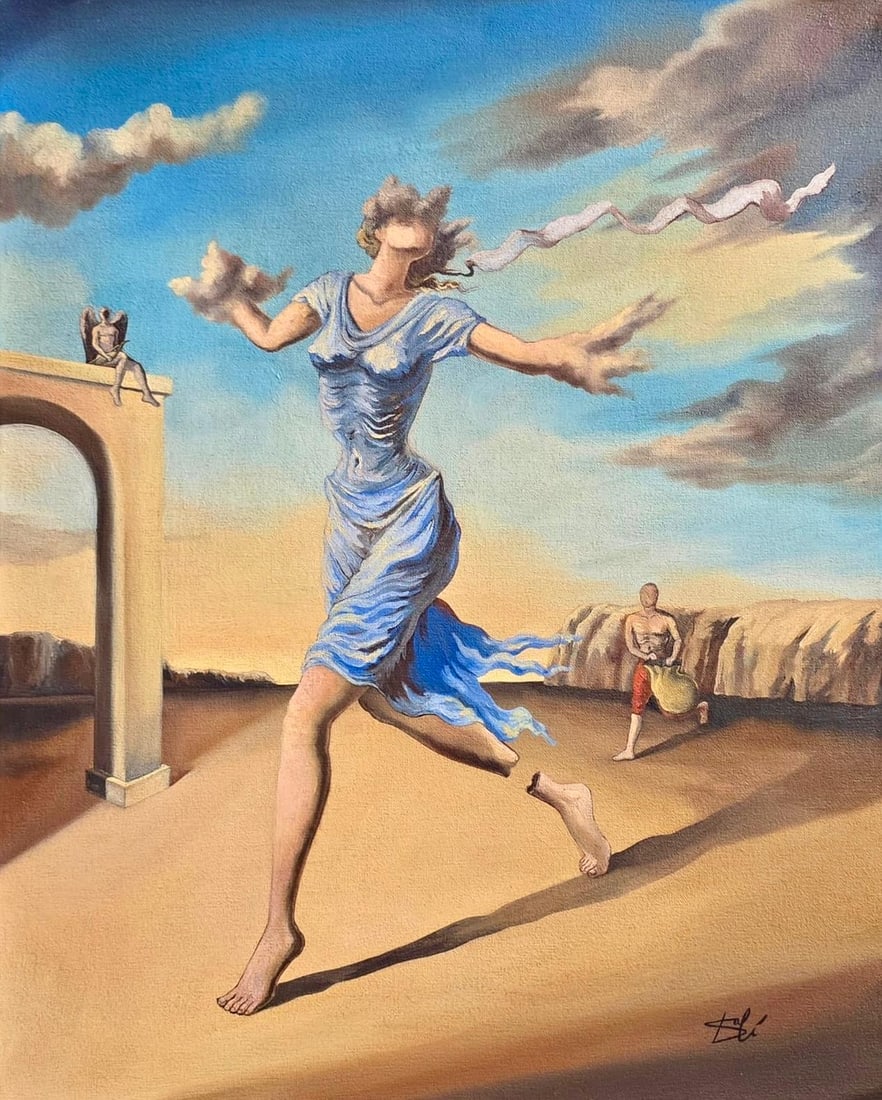 Salvador Dali Spanish 1904 - 1989 Oil on Canvas Painting in the style of. Magritte,Picasso Era.: Title: La Danse du Vent Technique: Oil on canvas Measures: 20 x 16 inches Year: Circa 1942 Condition: Good — minor surface toning and light wear consistent with age; overall image remains vivid and 