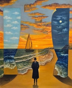 Rene Magritte Belgian 1898 - 1967 Untitled Oil on Canvas Painting in The Style of. Dali, Picasso Era