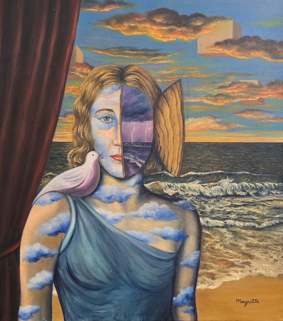 Rene Magritte Belgian 1898 - 1967 Untitled Oil on Canvas Painting in The Style of. Dali, Picasso Era: Title: Le Secret du Ciel Technique: Oil on canvas Measures: 20 x 18 inches Year: Circa 1955 Condition: Good — well-preserved with minor surface toning and faint craquelure consistent with age.Proven