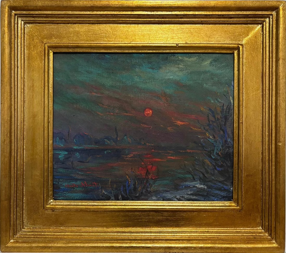 Claude Monet French 1840 - 1926 Oil on Canvas in the style of.Renoir & Manet Impressionist Era.: Title: Crépuscule sur la SeineTechnique: Oil on canvasMeasures: 15 x 17 inchesYear: Circa 1880Condition: Good — fine craquelure visible in the upper layers consistent with age; overall paint surfac
