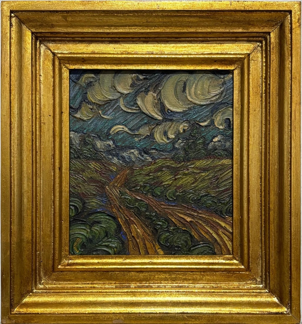 Vincent Van Gogh Dutch 1853-1890 Oil on Canvas painting in the style of. Gaugin, Monet, Degas Period: Title: LandschapTechnique: Oil on canvasMeasures: 11 x 10 inchesYear: Circa 1890Condition: Good — the paint surface remains stable, with light craquelure consistent with age; colors preserve their d