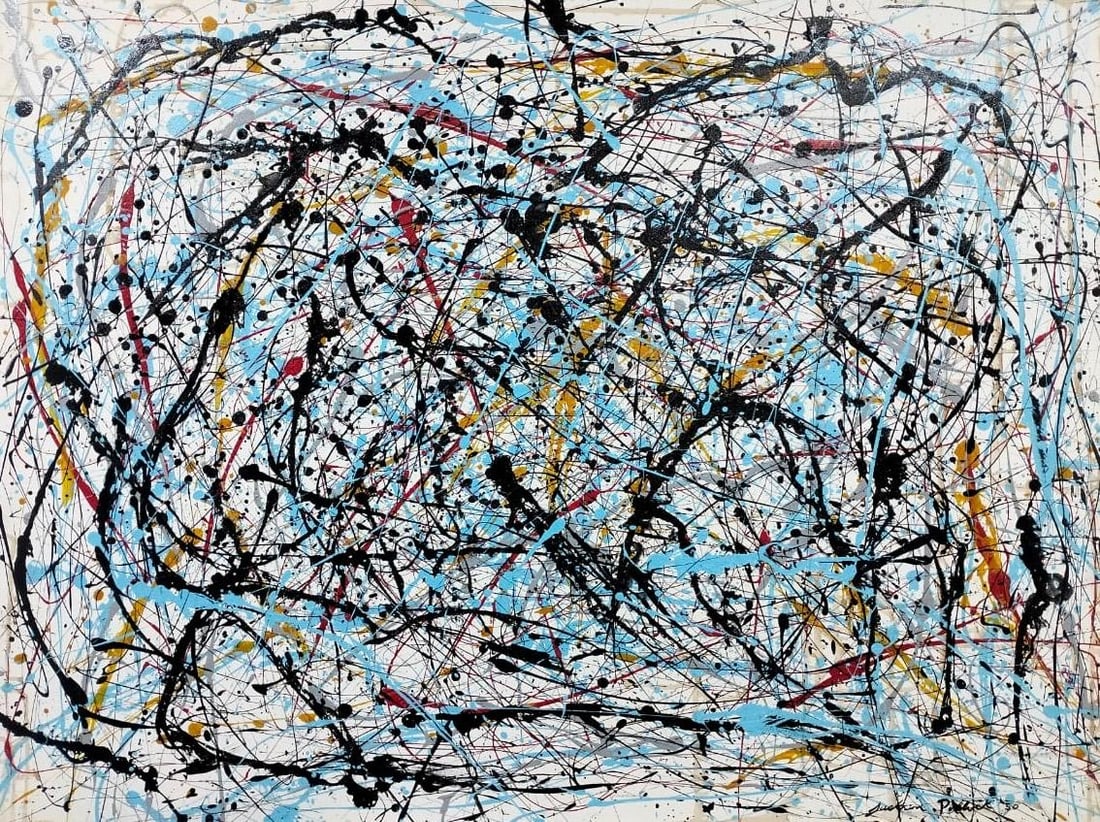 Jackson Pollock American 1912–1956 Oil and Enamel on Canvas in the style of. de Kooning, Rothko: Title: Number 16 II Technique: Oil and enamel on canvas Measures: 35.5 x 47.5 inches Year: 1950 Condition: Good — paint layers remain vibrant and stable with minor surface irregularities consistent