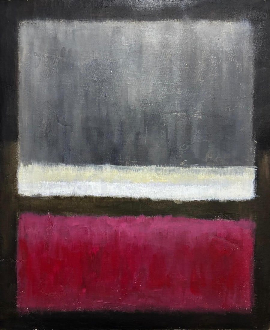 Mark Rothko American 1903 - 1970 Oil on Canvas painting In The Style of .Pollock Picasso Era: Title: Composition in Grey and Deep Crimson Technique: Oil on canvas Measures: 15 x 11 inches Year: 1956 Condition: Good — minor craquelure consistent with age; pigment remains stable and tonality w