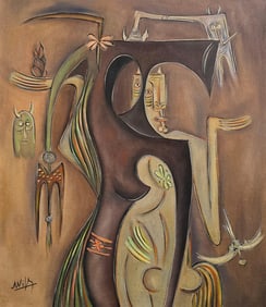 Wifredo Lam Cuban 1902 - 1982 Oil on canvas in the style of painting. Surrealism Latin American