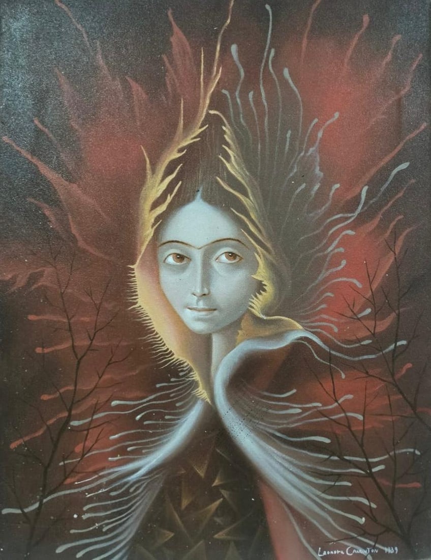 Leonora Carrington British-Mexican Oil/Canvas Painting in the style of. Magritte, Dali, Surrealism.: Title: La Vicente Technique: Oil on canvas Measures: 25 x 20 inches Year: 1939 Condition: Good — surface and pigments well preserved with light craquelure visible under raking light; original tones