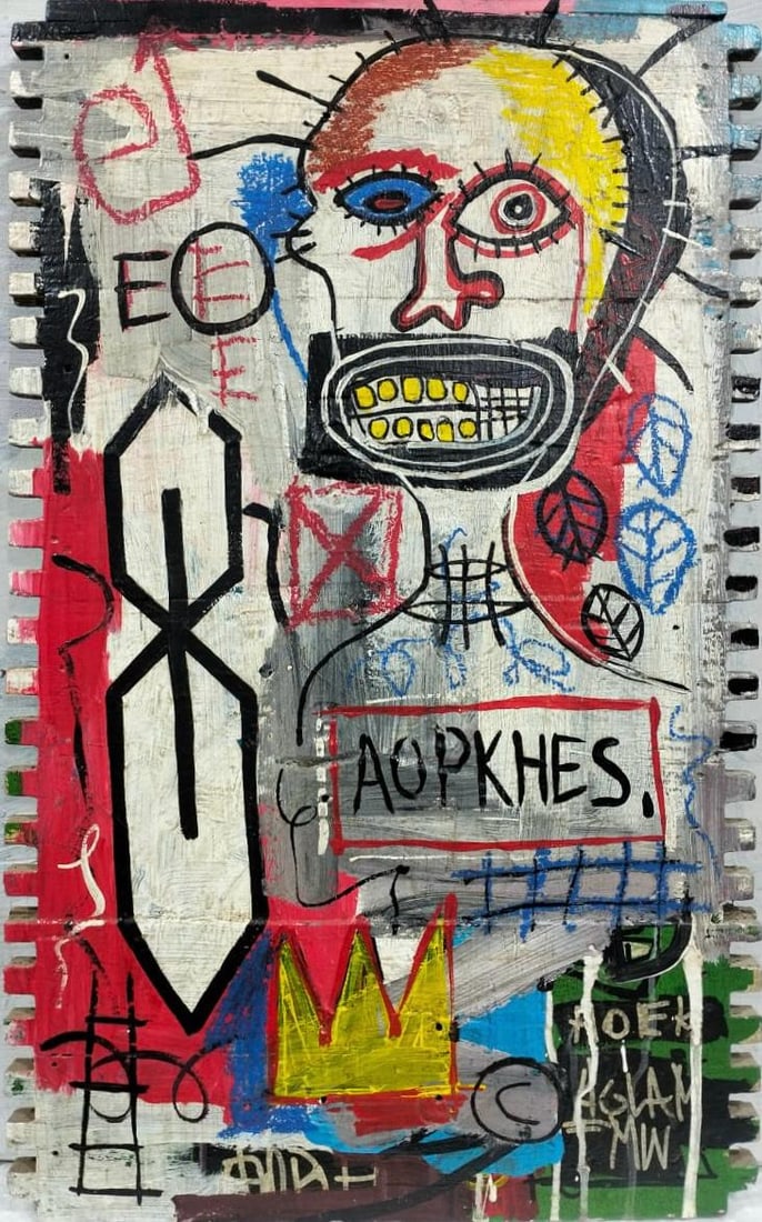 Jean-Michel Basquiat American (1960–1988) Acrylic on Plywood in the style of. Haring, Warhol Era: Title: Untitled Technique: Acrylic on plywood Measures: 26 x 16 inches Year: 1982 Condition: Good — minor surface wear consistent with age; colors remain strong and composition structurally stable.P