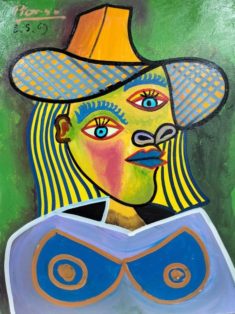 Pablo Picasso Spanish 1881-1973 Oil on Canvas in the style of . Dali,Magritte,Chagall & Picasso Era: Item DetailsDescription Title: Buste de femme Technique: Oil on Canvas Measures: 31.5 x 23.5 in Year: 1969 Condition: Good . Provenance: Private collection. Originally acquired in the early 1970s by L