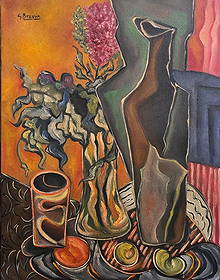 Georges Braque French 1882-1963 Oil on Canvas Painting in the style of. Picasso ,Dali ,Chagall Era: Item DetailsDescription Title: Nature Morte aux Fleurs et à la Carafe Technique: Oil on canvas Measures: 18 x 14 inches Year: Circa 1948 Condition: Good — slight surface toning and light craquelure