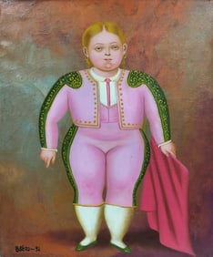 Fernando Botero (Colombian) Oil on Canvas Painting, In the Style Of. "Boterismo'' Style Period.