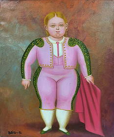 Fernando Botero (Colombian) Oil on Canvas Painting, In the Style Of. "Boterismo'' Style Period.: Item DetailsDescription Title: La Torera Technique: Oil on canvas Measures: 19 x 16 inches Year: 1992 Condition: Good — well preserved with minimal signs of aging; vivid pigments and surface texture