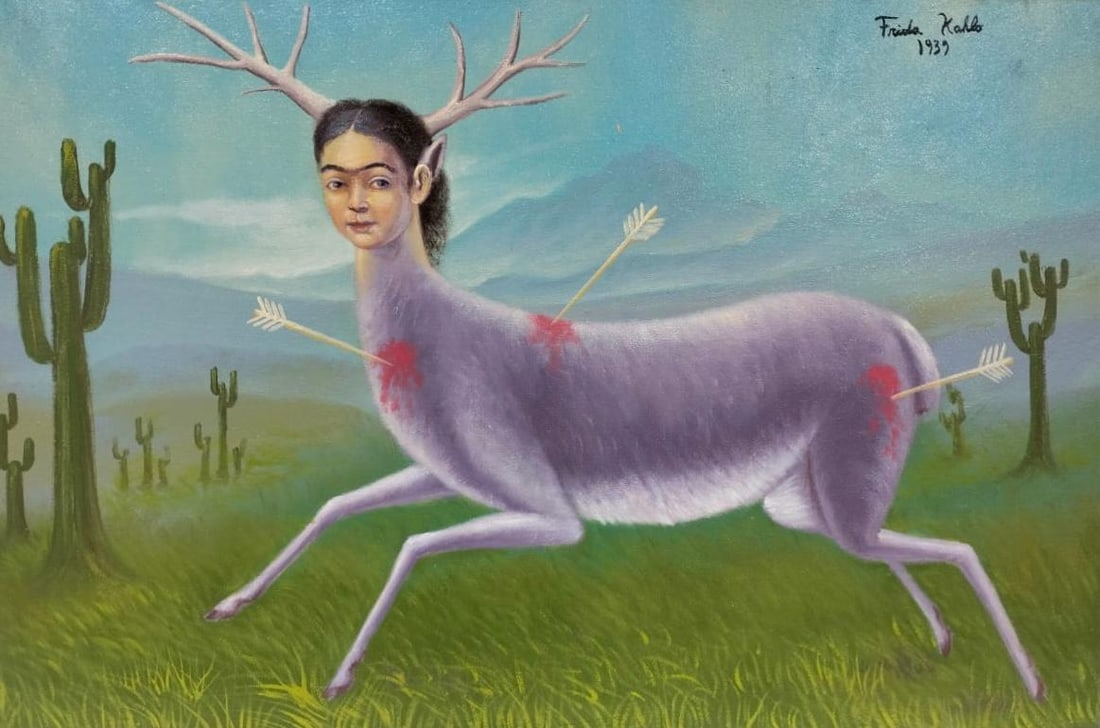Frida kahlo Mexican Oil on Masonite. In the Style of. Dali, Magritte, and Kahlo Surrealist Period.: Item DetailsDescription Title: My Sufrimiento Technique: Oil on canvas Measures: 16 x 24 inches Year: 1939 Condition: Good — paint layer stable with light craquelure; original color tones well prese