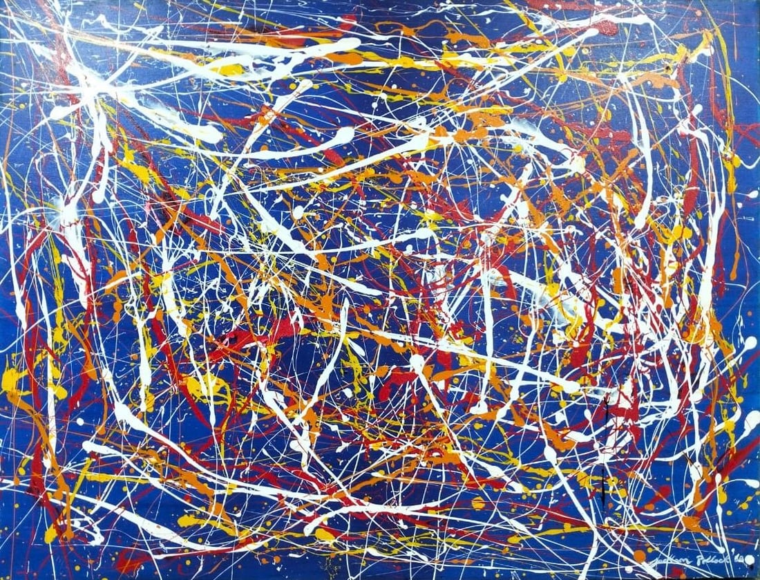 Jackson Pollock American 1912–1956 Oil and Enamel on Canvas in the style of. de Kooning, Rothko: DescriptionTitle: Untitle Technique: Oil and enamel on canvas Measures: 35.5 x 47.5 inches Year: Circa 1949 Condition: Good — minor surface irregularities consistent with the artist’s technique; c