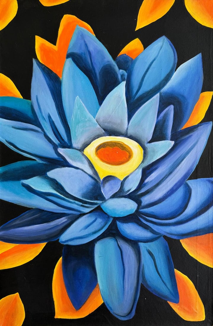Georgia O’Keeffe, American (1887–1986) Oil on canvas, in the style of the Dali, Magritte Era: Item DetailsDescription Title: Blooming Radiance Technique: Oil on canvas Measures: 24 x 16 inches Year: Circa 1992 Condition: Good — colors remain vibrant with a smooth surface and only minimal sig