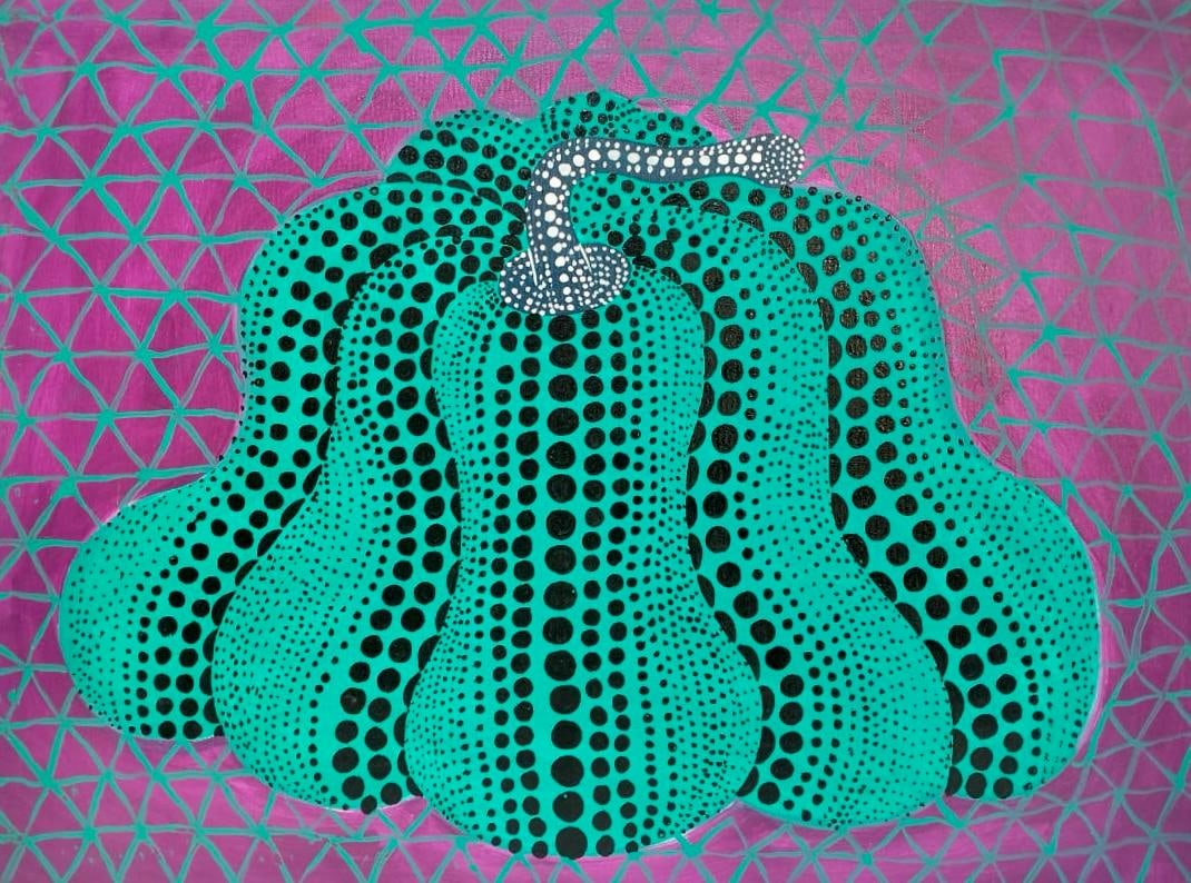 Yayoi Kusama (b.1929) Japanese Acrylic/Canvas Painting in the Style of Kusama Contemporary Patterned: Title:Pumpkin. Technique:Acrylic on canvas. Measures:23 x 31 inches (58.4 x 78.7 cm). Year:Circa mid–late 20th century. Condition:Good overall condition. The surface appears stable, with minor age-c