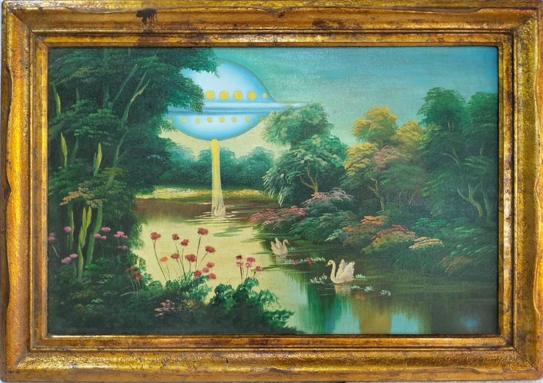 Unknown Artist Oil on Canvas Painting in the Style of Banksy, Contemporary Street / Conceptual Art: Title:UFO Invasion. Technique:Oil on canvas, presented in the artist’s frame. Measures:Overall: 18 × 27 ½ inches (45 × 70 cm). Year:Painted in 2009. Condition:Good overall condition. The pa