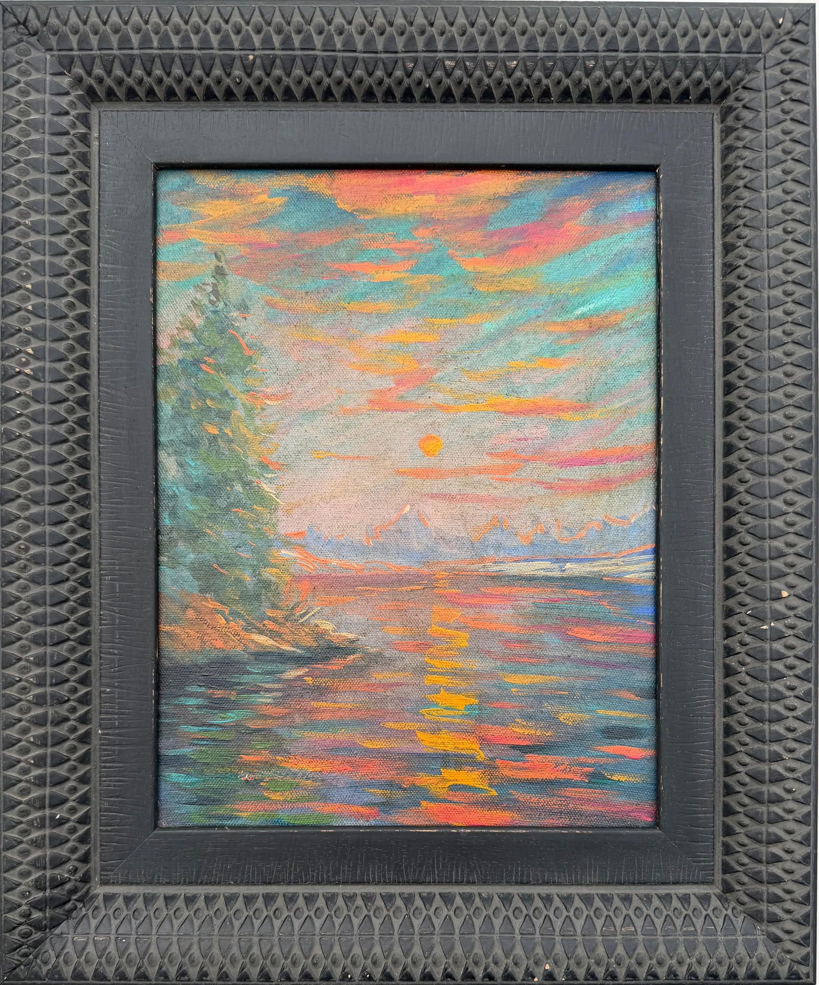 Claude Monet French 1840 - 1926 Oil on Canvas in the style of . Renoir & Manet Impressionist Era.: Title: Sunset Reflections on the Water? Technique: Oil on Canvas? Measures: 13 × 10 inches? Year: Circa 1900–1910? Condition:?Good — the paint surface is stable, with light age-related toning and