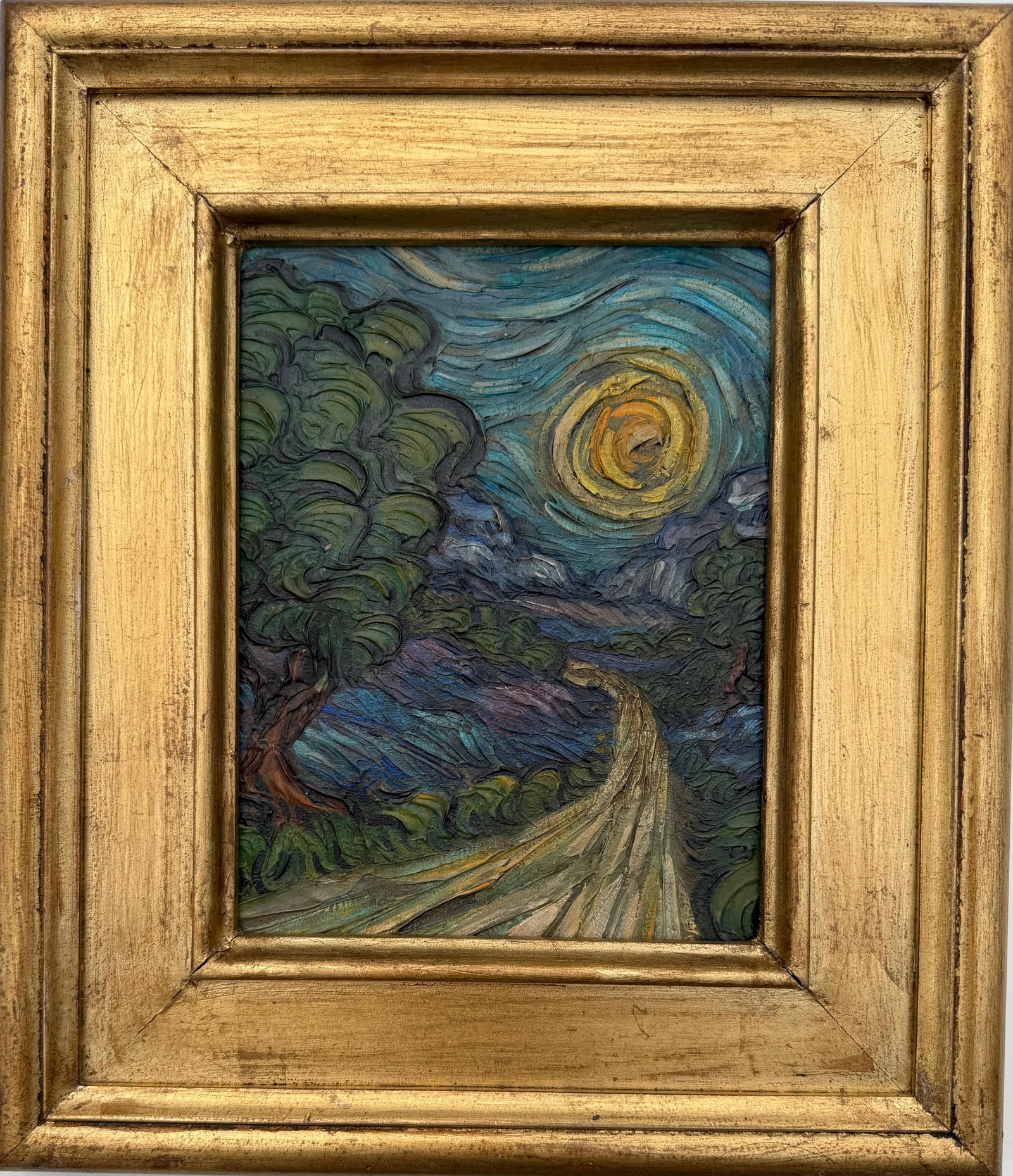 Vincent Van Gogh Dutch 1853-1890 Oil on Canvas painting in the style of. Gaugin, Monet, Degas Period: Title: Moonlit Path Through the Countryside Technique: Oil on Canvas Measures: 9 × 7 inches Year: Circa late 19th century Condition:?Good — the surface appears stable, with visible impasto and text