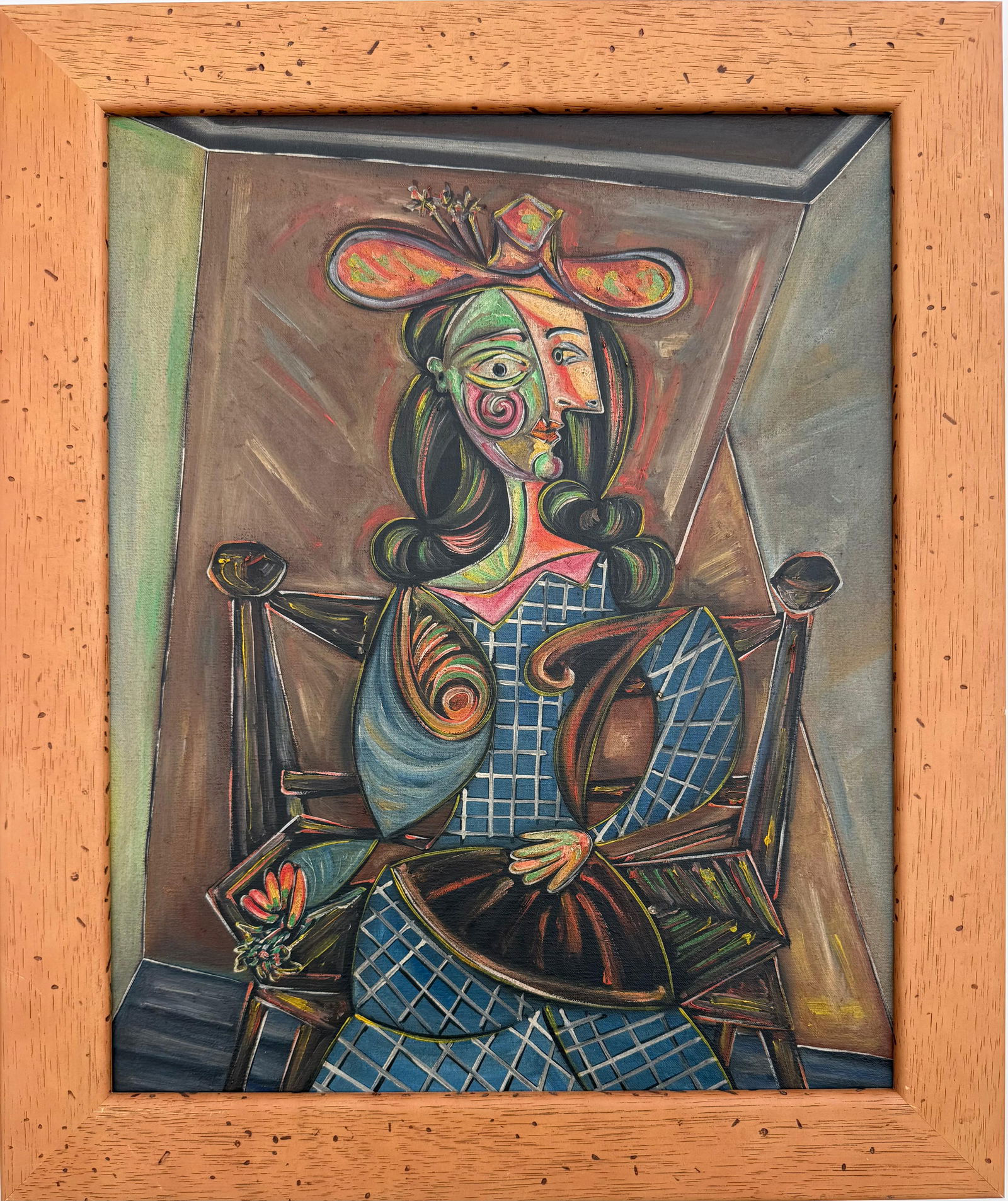 Pablo Picasso Spanish 1881-1973 Oil on Canvas in the style of. Dali,Magritte,Chagall & Picasso Era: Title: Seated Woman with Fan Technique: Oil on Canvas Measures: 20 × 16 inches Year: Circa mid-20th century Condition: Good — the surface appears stable, with light age-consistent wear visible upon