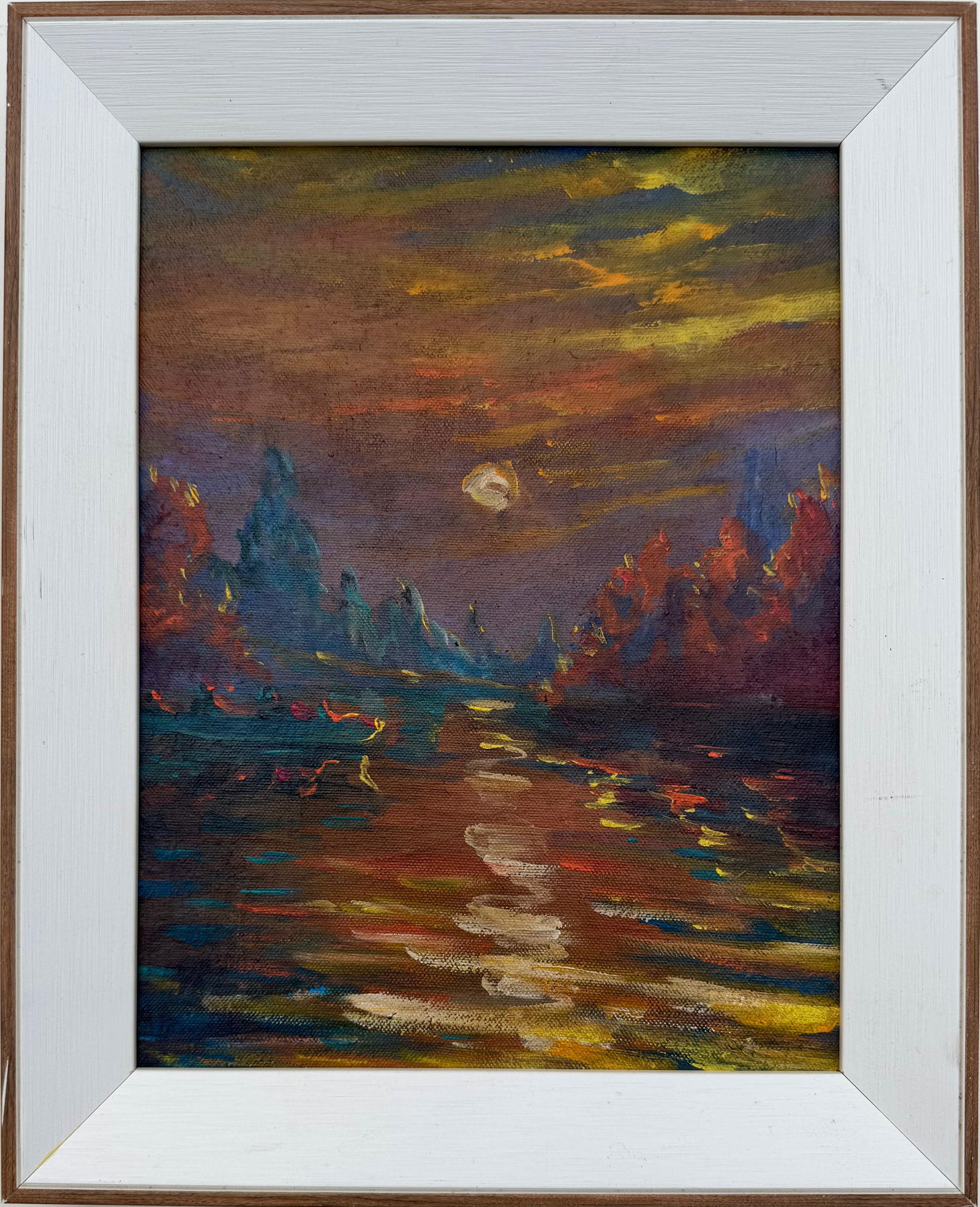 Claude Monet French 1840 - 1926 Oil on Canvas in the style of . Renoir & Manet Impressionist Era.: Title: Reflections at Dusk? Technique: Oil on Canvas? Measures: 13 × 10 inches? Year: Circa early 20th century? Condition:?Good — the surface appears stable, with light age-consistent wear visible