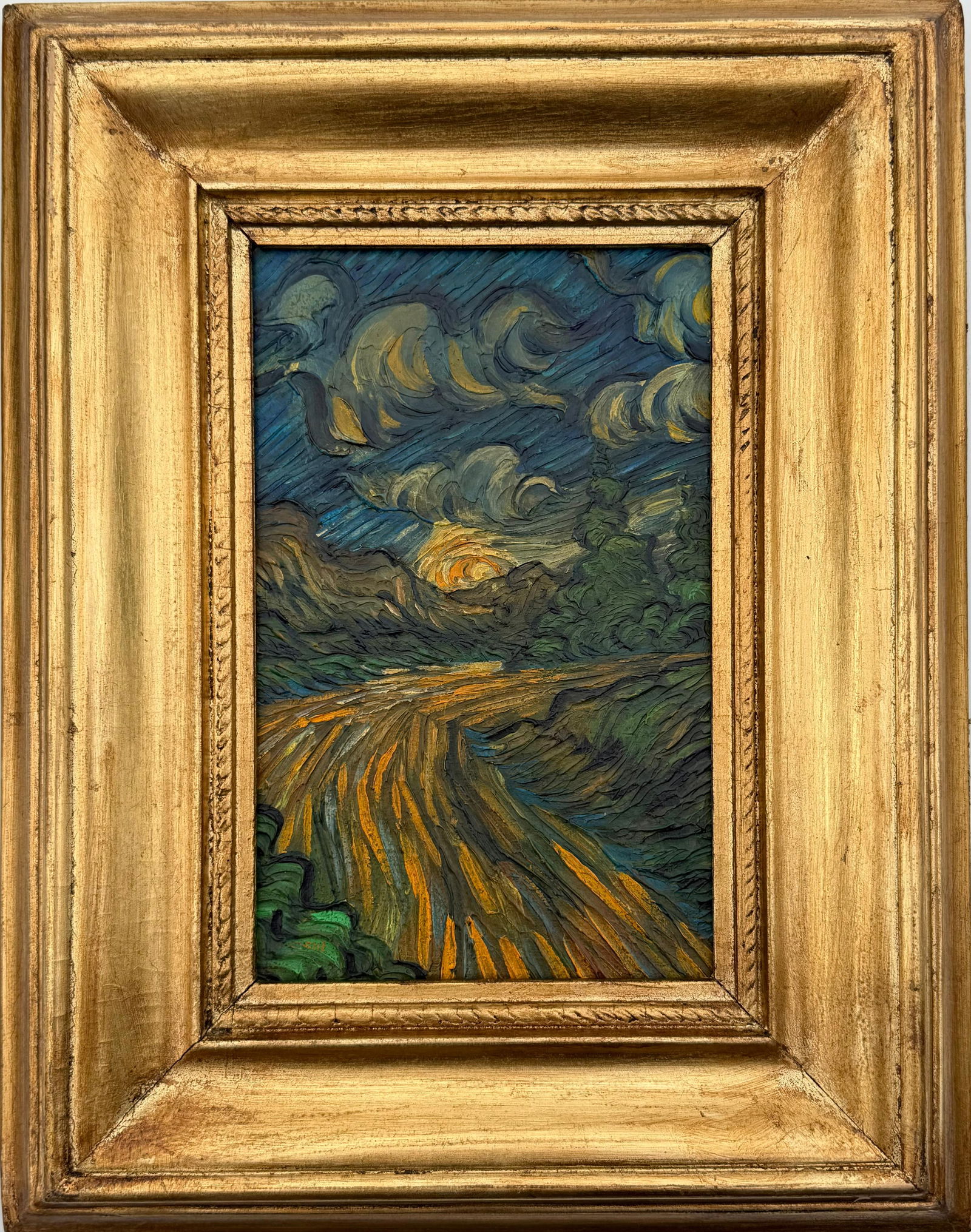 Vincent Van Gogh Dutch 1853-1890 Oil on Canvas painting in the style of. Gaugin, Monet, Degas Period: Title: Moonlit Path Through the Fields Technique: Oil on Canvas Measures: 11 × 7 inches Year: Circa 1940s–1950s Condition: Good — the canvas remains structurally sound, with visible impasto and t