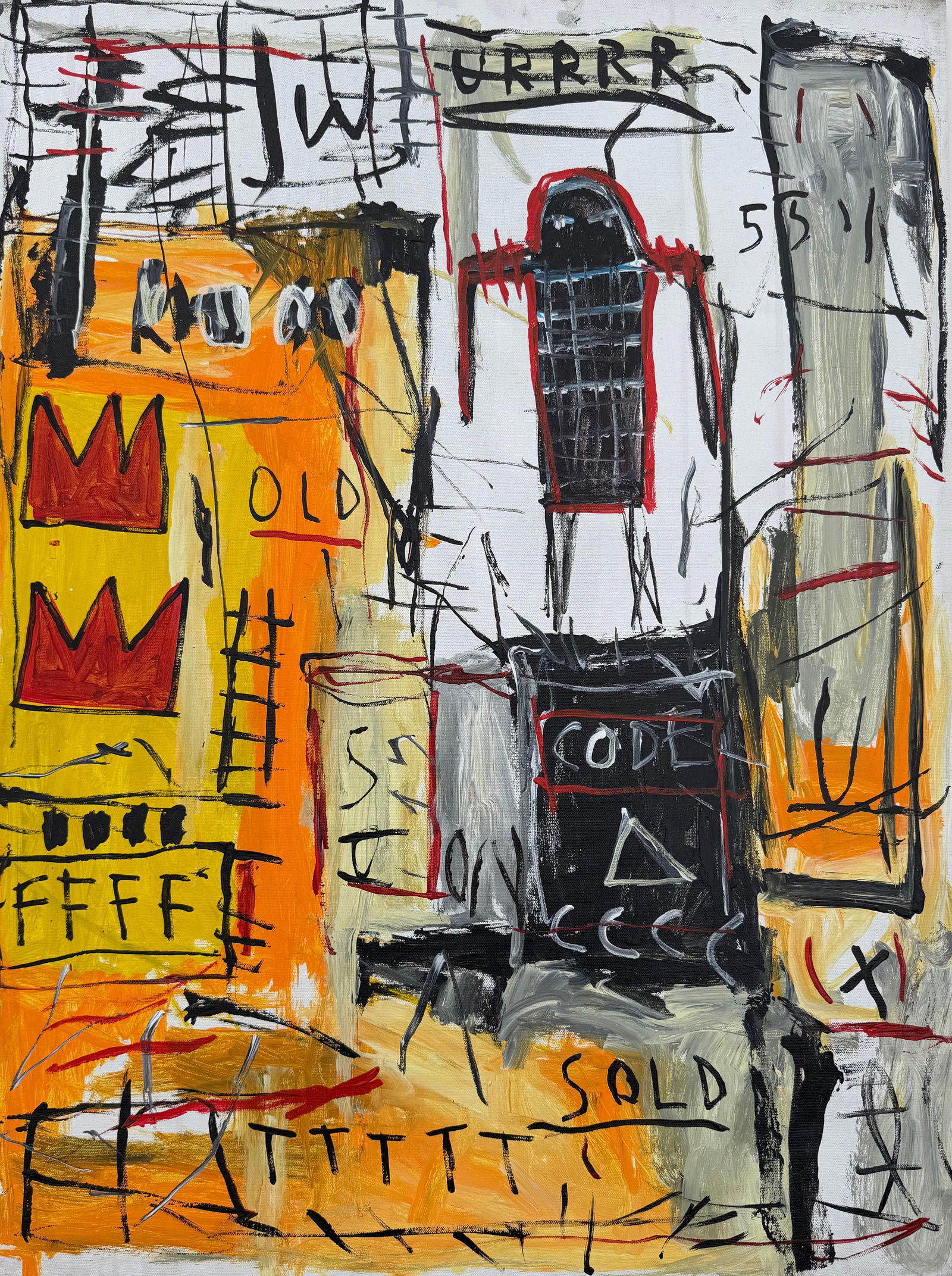 Jean Michel Basquiat 1960-1988 Abstract painting In The Style of. Haring,Warhol,Basquiat Era.: Title: Untitled (Urban Codes and Symbols)? Technique: Acrylic on Canvas? Measures: 31 × 26 inches? Year: Circa early 1980s? Condition:?Good — the canvas remains structurally stable, with strong adh