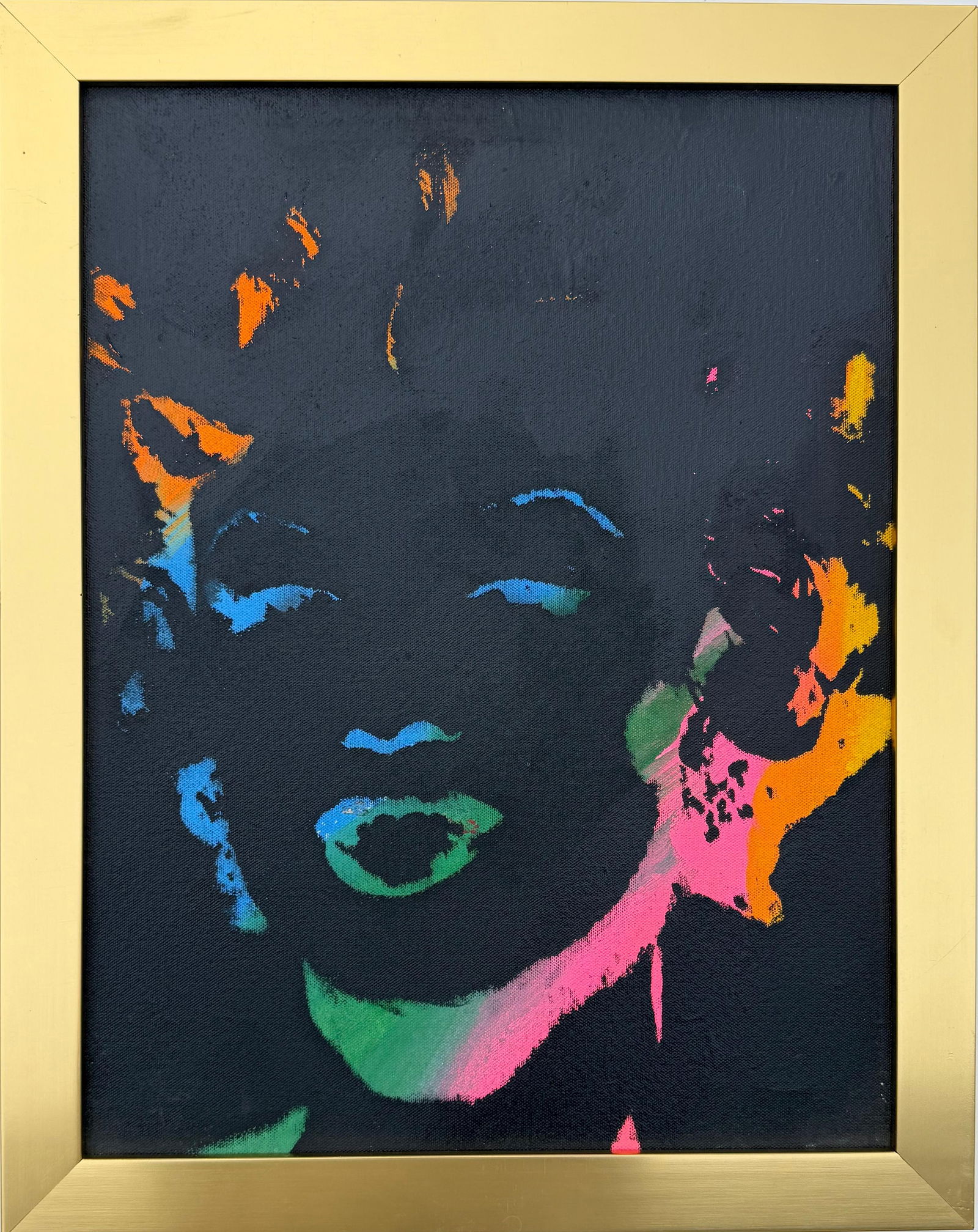 Andy Warhol American 1928-1987 Silkscreen ink on Canvas Painting in the style of. Pop Art Era: Title: Marilyn? ?Technique: Silkscreen on Canvas? ?Measures: 18 × 14 inches? ?Year: Circa late 20th century? ?Condition:?Good — the canvas appears stable and well preserved. The silkscreen pigments