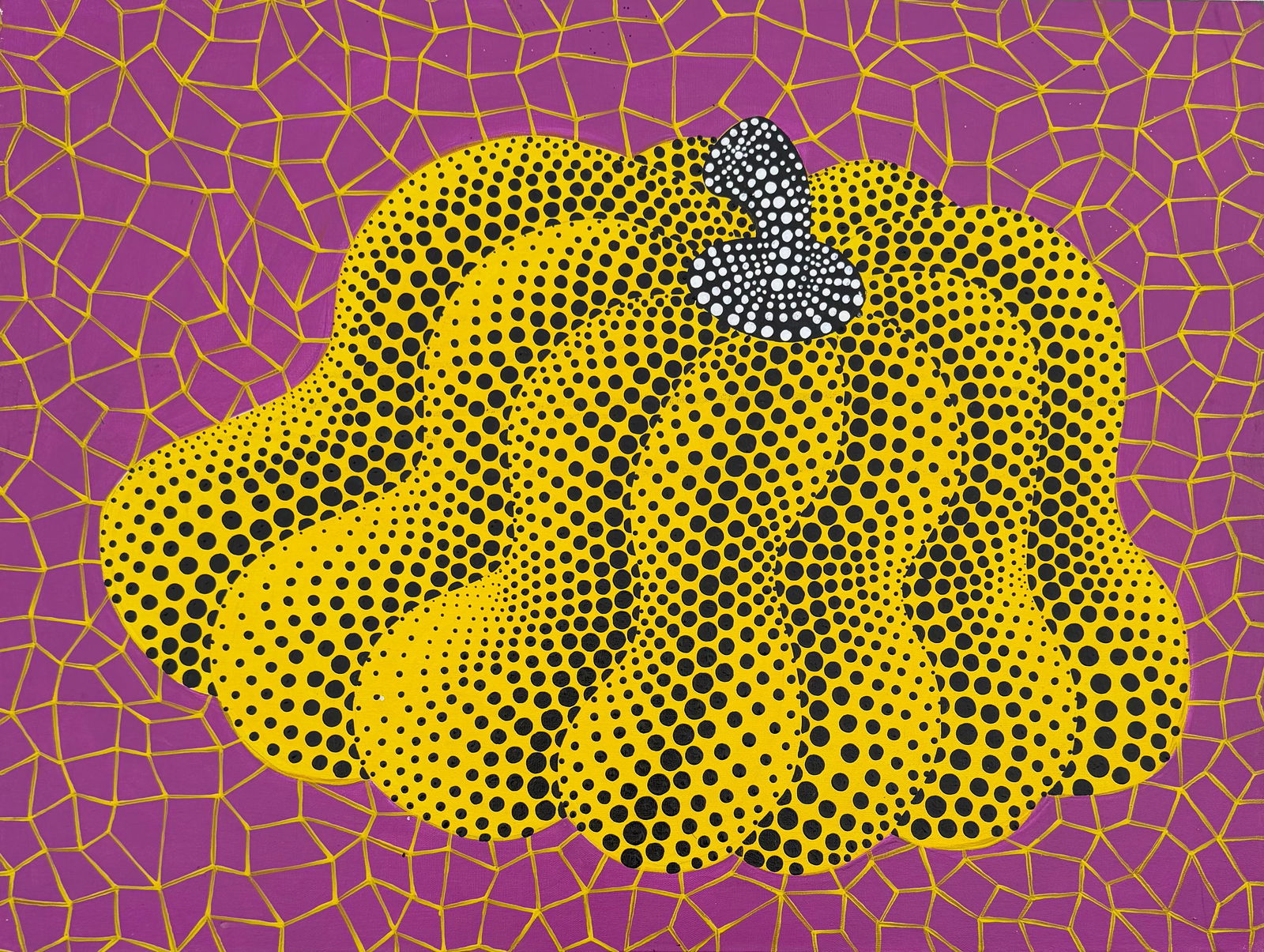 Yayoi kusama (B.1929) Pumpkin Acrylic on canvas Japanese In the Style of. Pop Art Era: Title: Pumpkin Net Composition? Technique: Acrylic on Canvas? Measures: 23 × 31 inches? Year: Circa 2000? Condition:?Good — the surface appears stable and well preserved, with vivid color saturatio