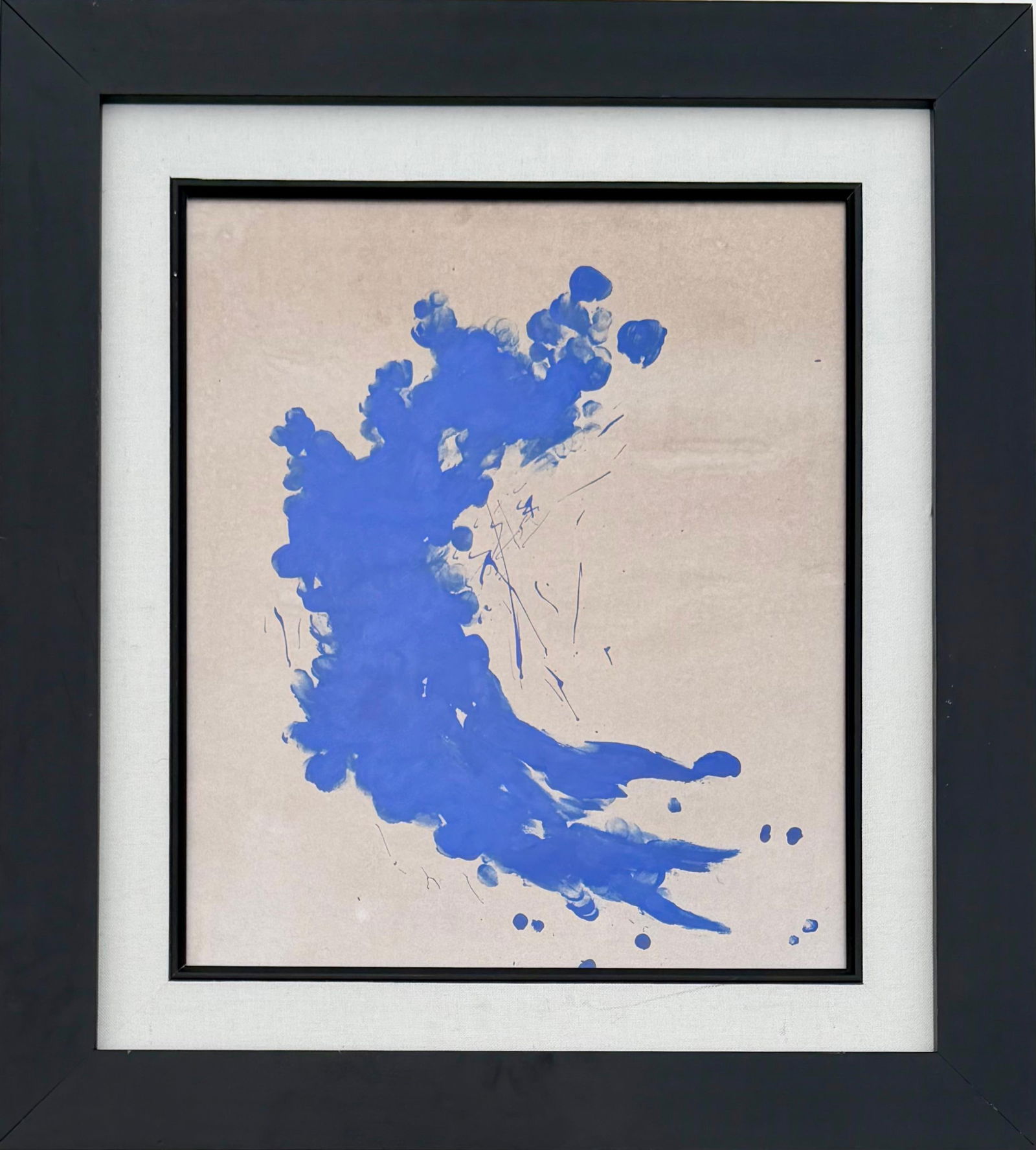 Yves Klein French 1928 – 1962 Monochrome Blue Pigment on Paper?In the Style Of: Title: Blue Gesture on Neutral Ground? Technique: Blue Pigment on Paper? Measures: 15 × 13 inches? Year: Circa mid–20th century? Condition:?Good — the work appears well preserved, with strong pig