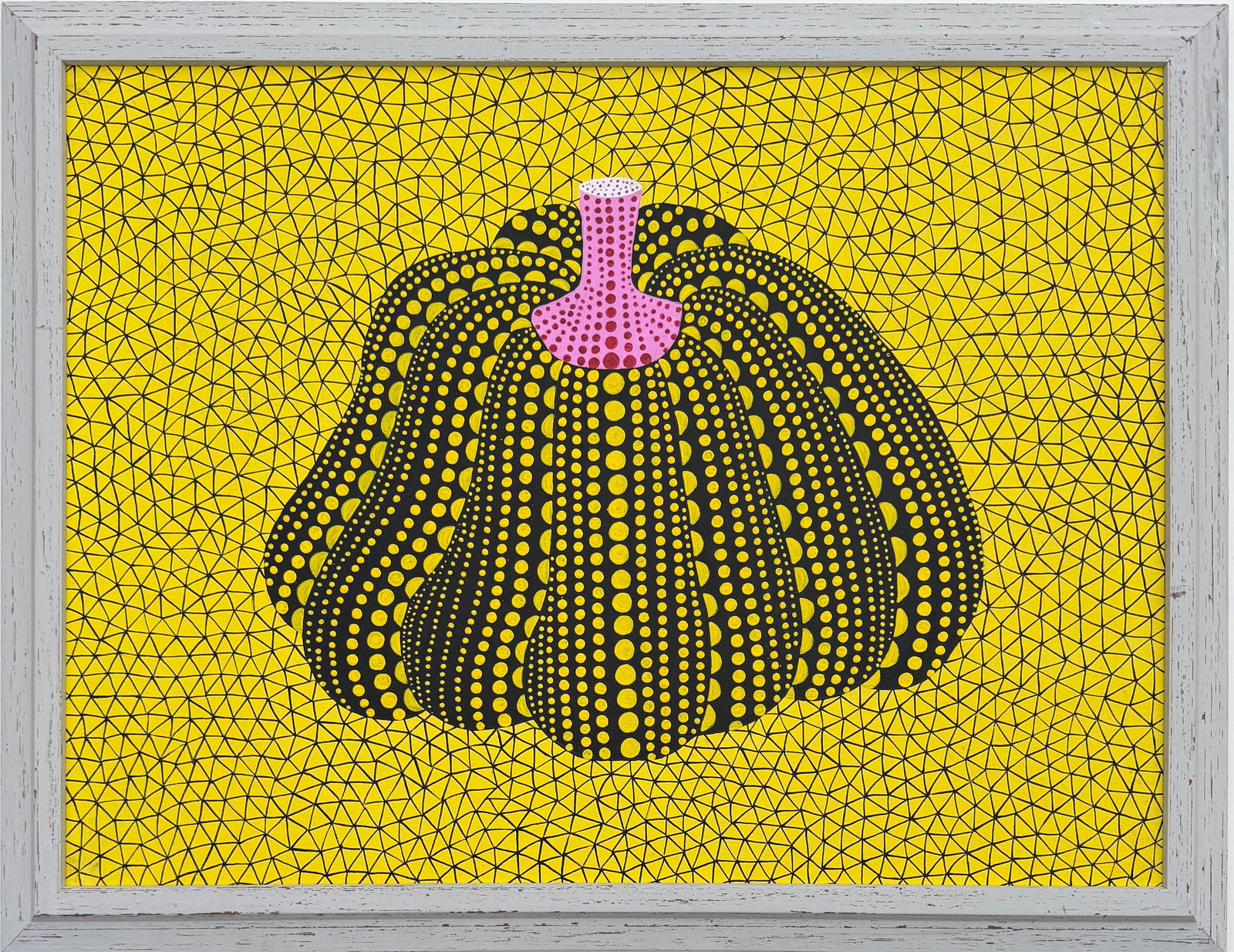 Yayoi kusama (B.1929) Pumpkin Acrylic on canvas Japanese In the Style of. Pop Art Era: Title: Pumpkin (Patterned Form)? ?Technique: Acrylic on Canvas? ?Measures: 23 × 31 inches? ?Year: Circa 2000? ?Condition:?Good — the work appears well preserved, with strong color saturation and cr