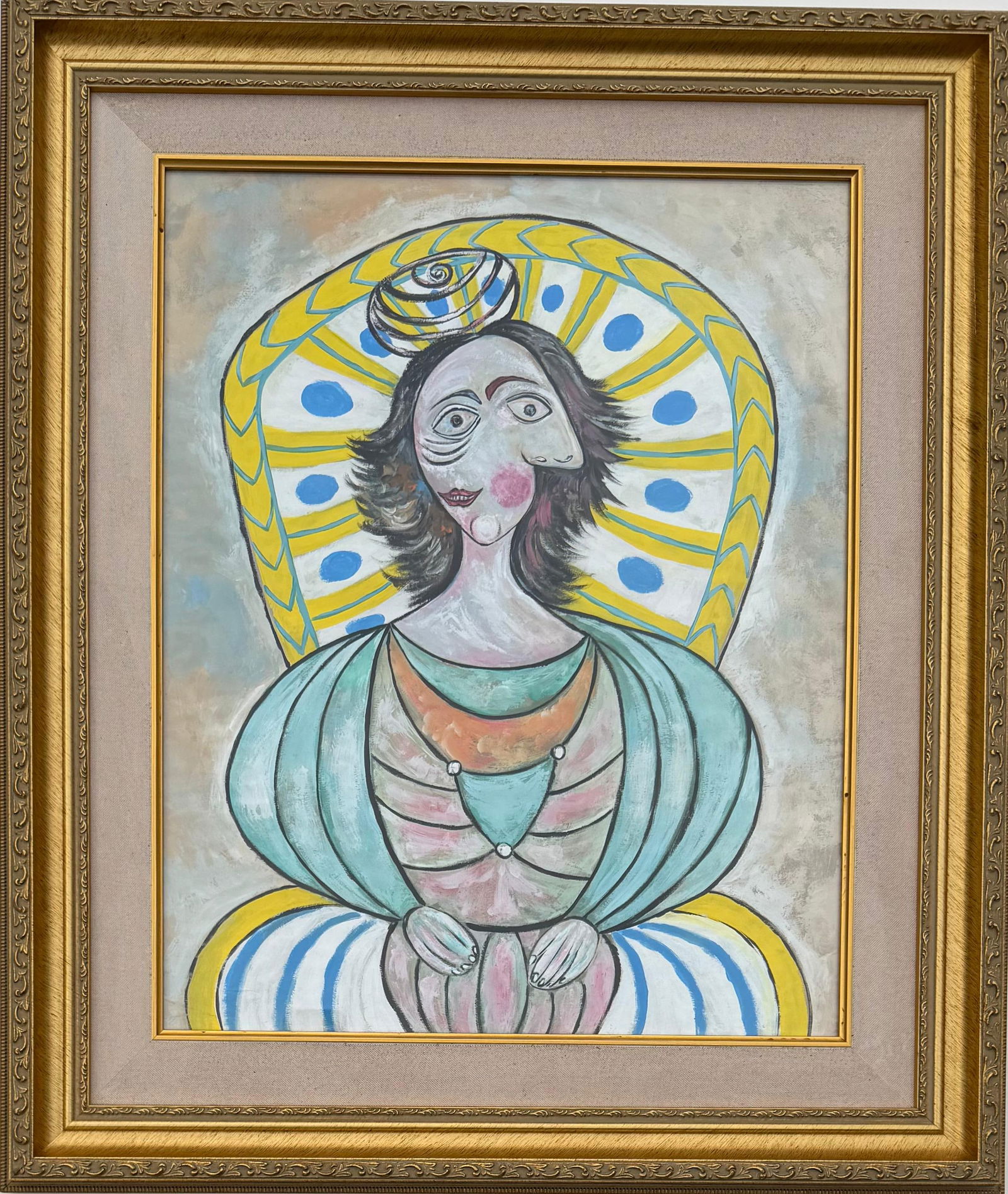 Pablo Picasso Spanish 1881-1973 Oil on Canvas Painting in the Style of Picasso. Magritte & Chagall: Title: Seated Woman with Radiant Headdress? ?Technique: Gouache on Paper? ?Measures: 20 × 26 inches? ?Year: Circa mid–20th century? ?Condition:?Good — the work appears well preserved, with stable