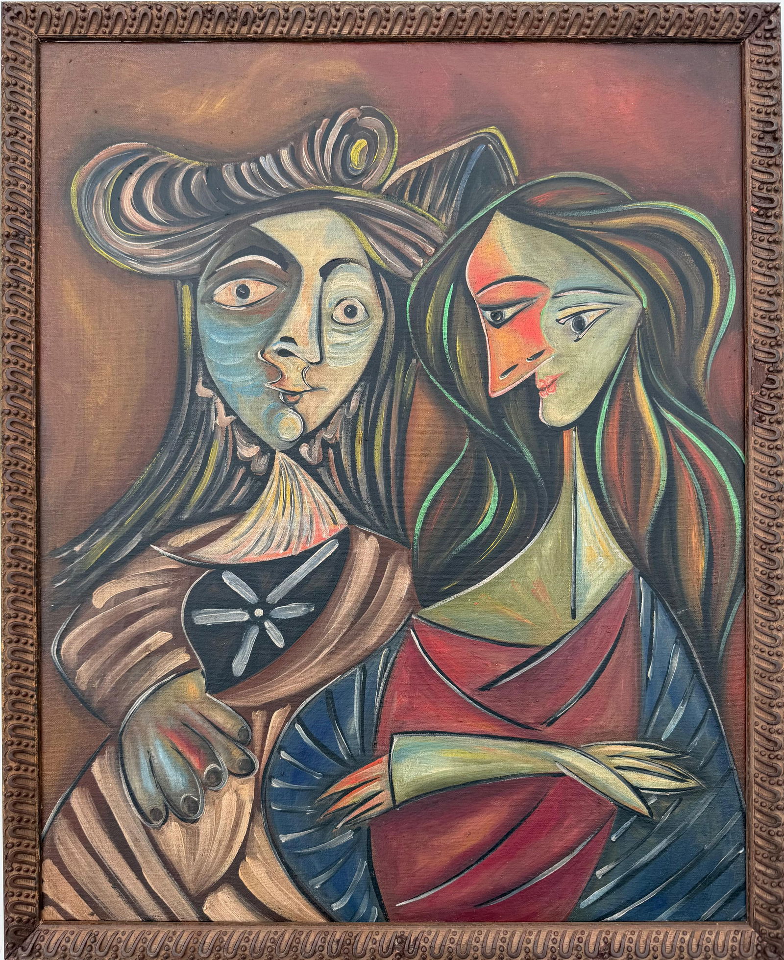 Pablo Picasso Spanish 1881-1973 Oil on Canvas Painting in the Style of Picasso. Magritte & Chagall: Title: Two Figures in Quiet Dialogue_x000B_ _x000B_Technique: Oil on Canvas_x000B_ _x000B_Measures: 19 × 16 inches_x000B_ _x000B_Year: Circa mid–20th century_x000B_ _x000B_Condition:_x000B_Good —