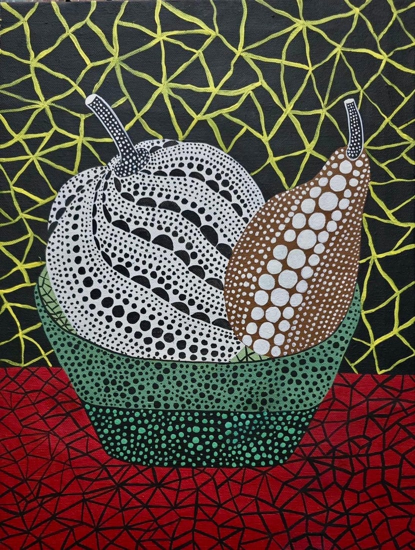 Yayoi kusama (B.1929) Pumpkin Acrylic on canvas Japanese In the Style of. Pop Art Era: Title:Still Life with Pumpkin and Pear. Technique:Oil on canvas. Measures:15 x 11 inches (38.1 x 27.9 cm). Year:Circa mid–late 20th century. Condition:Good overall condition. The surface appears sta