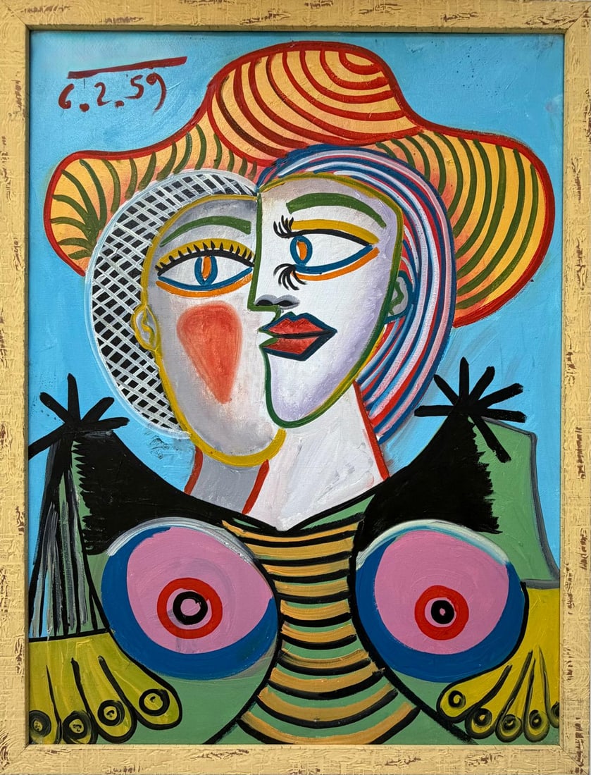 Pablo Picasso Spanish 1881-1973 Oil on Canvas Painting in the Style of Picasso. Magritte & Chagall: Title:Buste de femme Technique:Oil on canvas Measures:31 x 23 inches (78.7 x 58.4 cm) Year:1959 Condition:Good overall condition The canvas remains stable The paint surface shows minor surface wear an