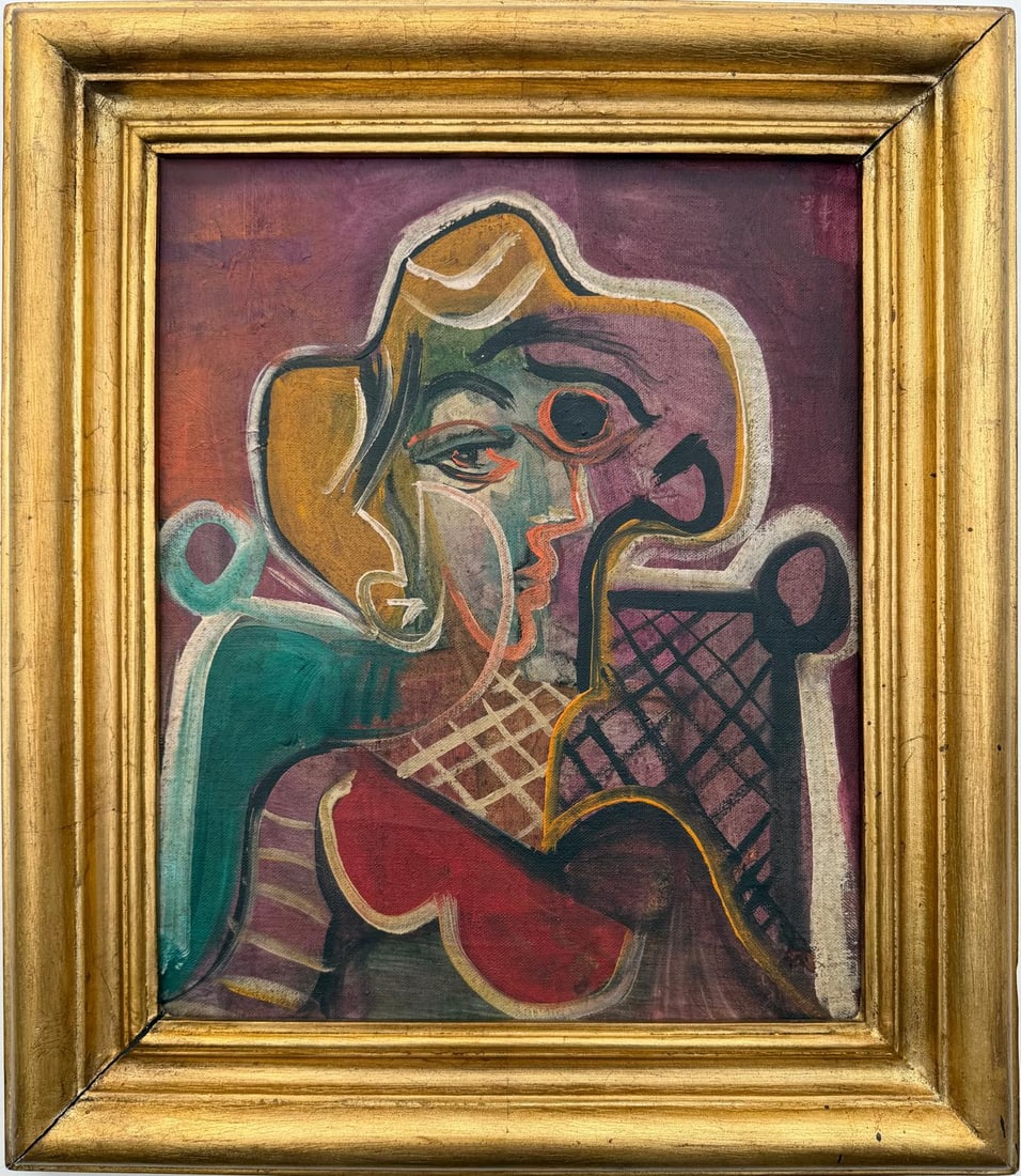 Pablo Picasso Spanish 1881-1973 Oil on Canvas Painting in the Style of Picasso. Magritte & Chagall: Title: Untitled (Fragmented Portrait) Technique: Oil on Canvas Measures: 16 × 13 inches 41 × 33 cm Year: Circa 1938 Condition: Good — the painted surface appears stable, with visible brushwork and