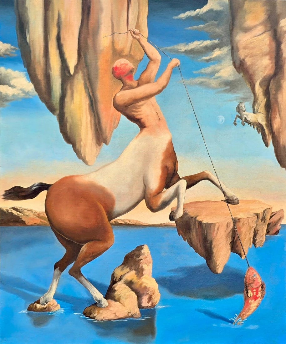 Salvador Dali Spanish 1904 - 1989 Oil on Canvas Painting in the style of. Picasso & Dali Surrealism: Title: Untitled (Surreal Centaur with Fish) Technique: Oil on canvas Measures: 24 × 20 inches(60.96 × 50.8 cm)Year: Circa 1945–1950 Condition:Good condition. The canvas is well preserved, with sta