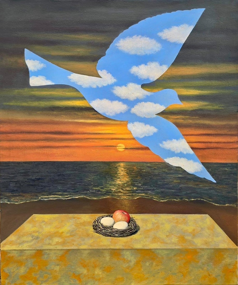 Rene Magritte Belgian 1898 - 1967 Oil on Canvas Painting in The Style of. Dali, Picasso Era: Title: The Horizon of Flight Technique: Oil on Canvas Measures: 24 × 20 inches (60.96 × 50.8 cm) Year: Circa 1965 Condition: Good — the painting presents a stable pictorial surface with well-prese