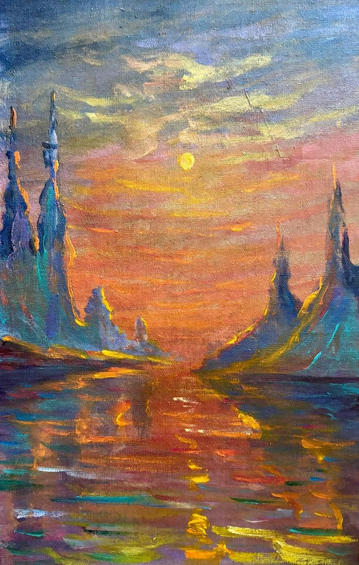 Claude Monet French 1840 - 1926 Oil on Canvas in the style of . Renoir & Manet Impressionist Era.: Title: Reflets au Crépuscule Technique: Oil on Canvas Measures: 13 × 9 inches (33 × 22.9 cm) Year: Circa late 19th century Condition: Good — the surface appears stable, with minor age-consistent