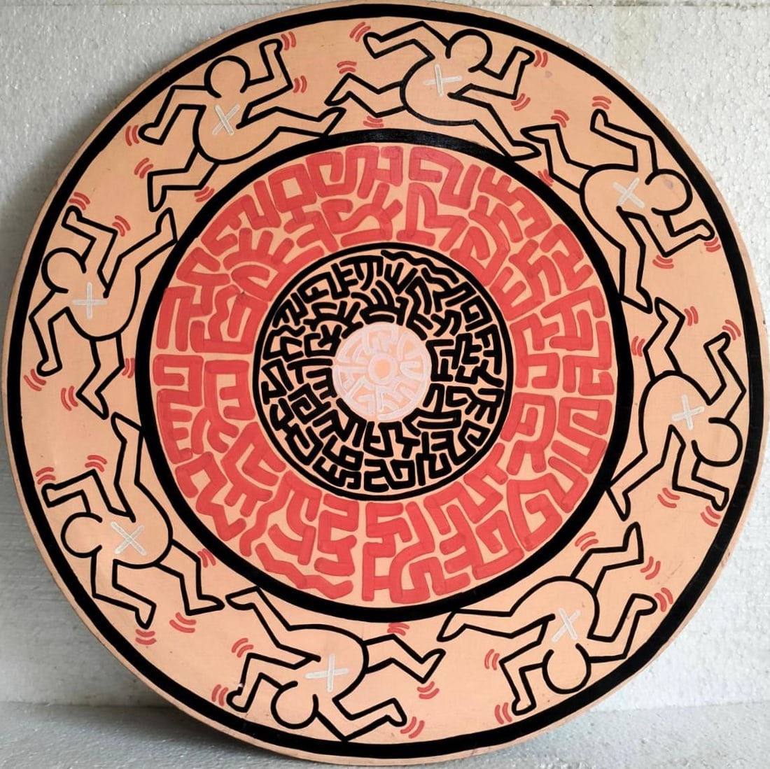 Keith Haring American 1958 - 1990 Acrylic/Canvas In The Style of. Warhol & Haring Pop Art Period.: Title: Untitled (Radiating Figures) Technique: Acrylic on Canvas Measures: 31 inches (diameter) 79 cm (diameter) Year: Circa 1987 Condition:Good — the surface remains well preserved with clean graph