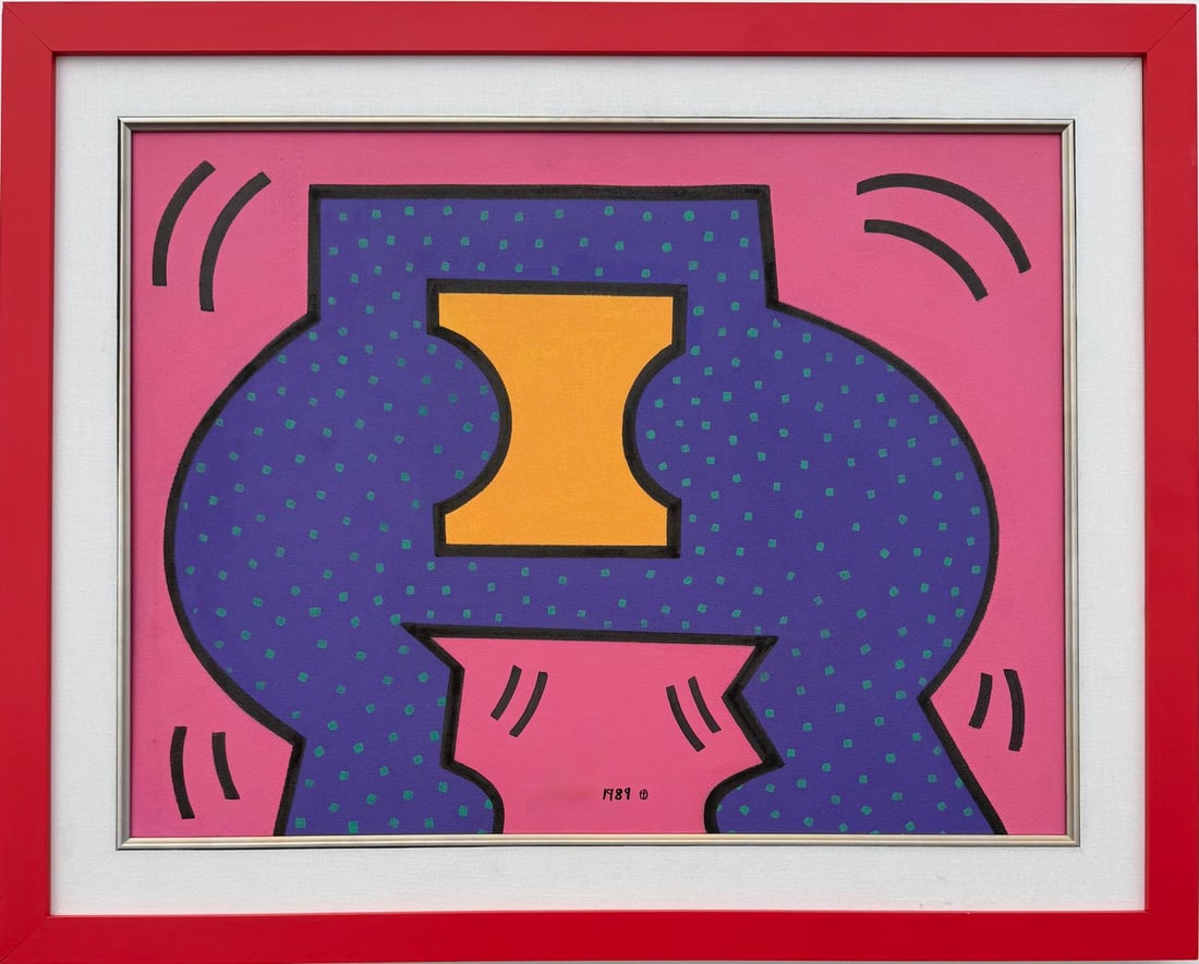 Keith Haring American 1958 - 1990 Acrylic/Canvas In The Style of. Warhol & Haring Pop Art Period.: Title: Untitled (Abstract Vessel Form) Technique: Acrylic on Canvas Measures: 18 × 23 inches 46 × 58 cm Year: Circa 1989 Condition:Good — the surface is well preserved with clean edges, stable acr