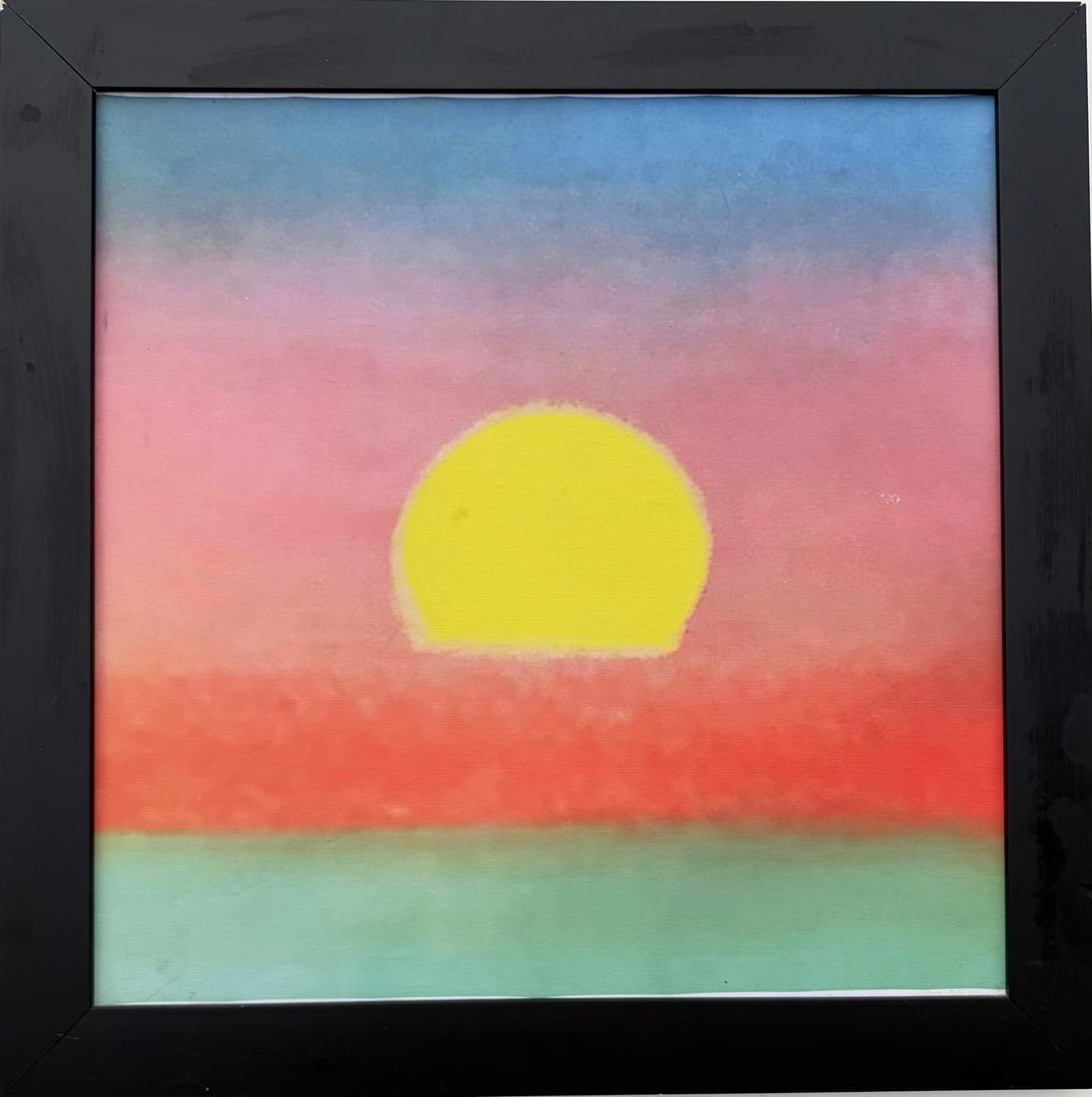 Andy Warhol 1928-1987 Silkscreen on Canvas in the style of. Warhol & Haring Pop Art: Title: Sunset Icon Technique: Silkscreen on Canvas Measures: 20 × 20 inches (50.8 × 50.8 cm) Year: Circa 1972 Condition: Good — the surface appears stable, with minor age-consistent wear visible u