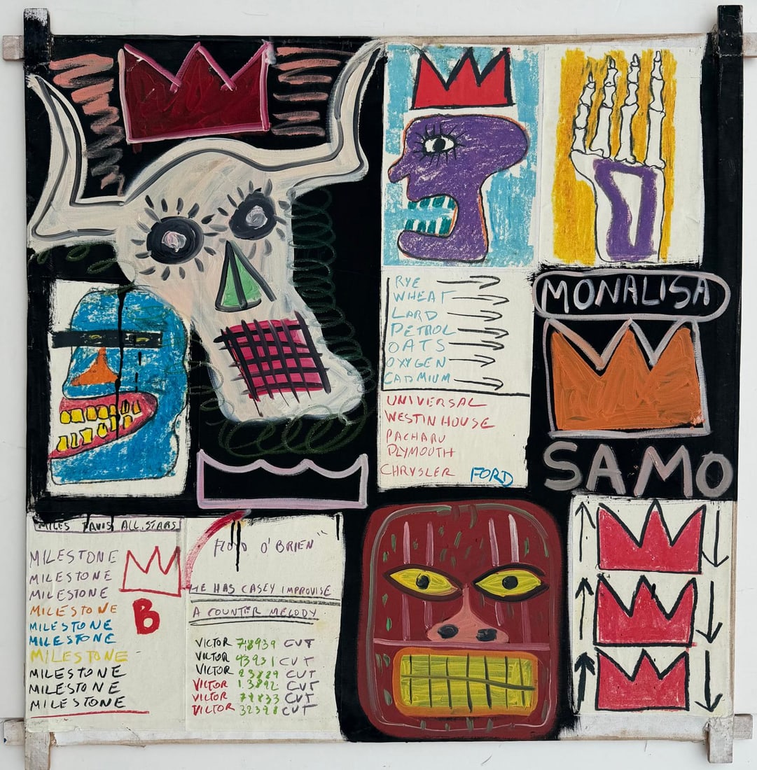 Jean Michel Basquiat 1960-1988 Mixed Media/Canvas In The Style of. Haring,Warhol,Basquiat Era.: Title: Untitled (Crowned Figures and Symbolic Field) Technique: Mixed Media on Canvas Measures:37 × 37 inches94 × 94 cm Year: 1982 Condition:Good — the surface remains stable, with expected textur