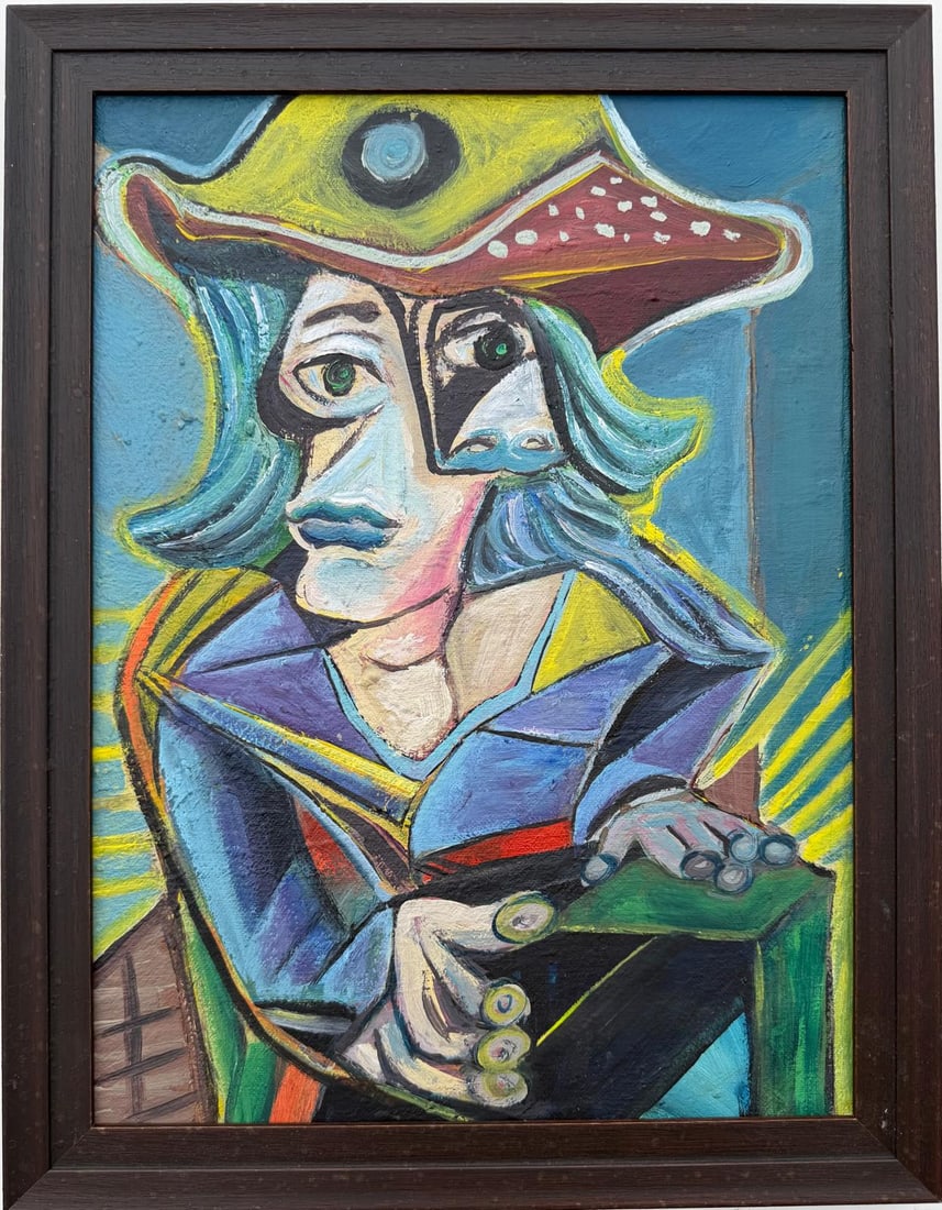 Pablo Picasso Spanish 1881-1973 Oil on Canvas painting Style of Picasso. Magritte & Chagall Era: Title: Untitled (Seated Figure with Hat) Technique: Oil on Canvas Measures: 16 × 12 inches 41 × 30 cm Year: Circa 1937 Condition: Good — the painted surface appears stable, with visible brushwork