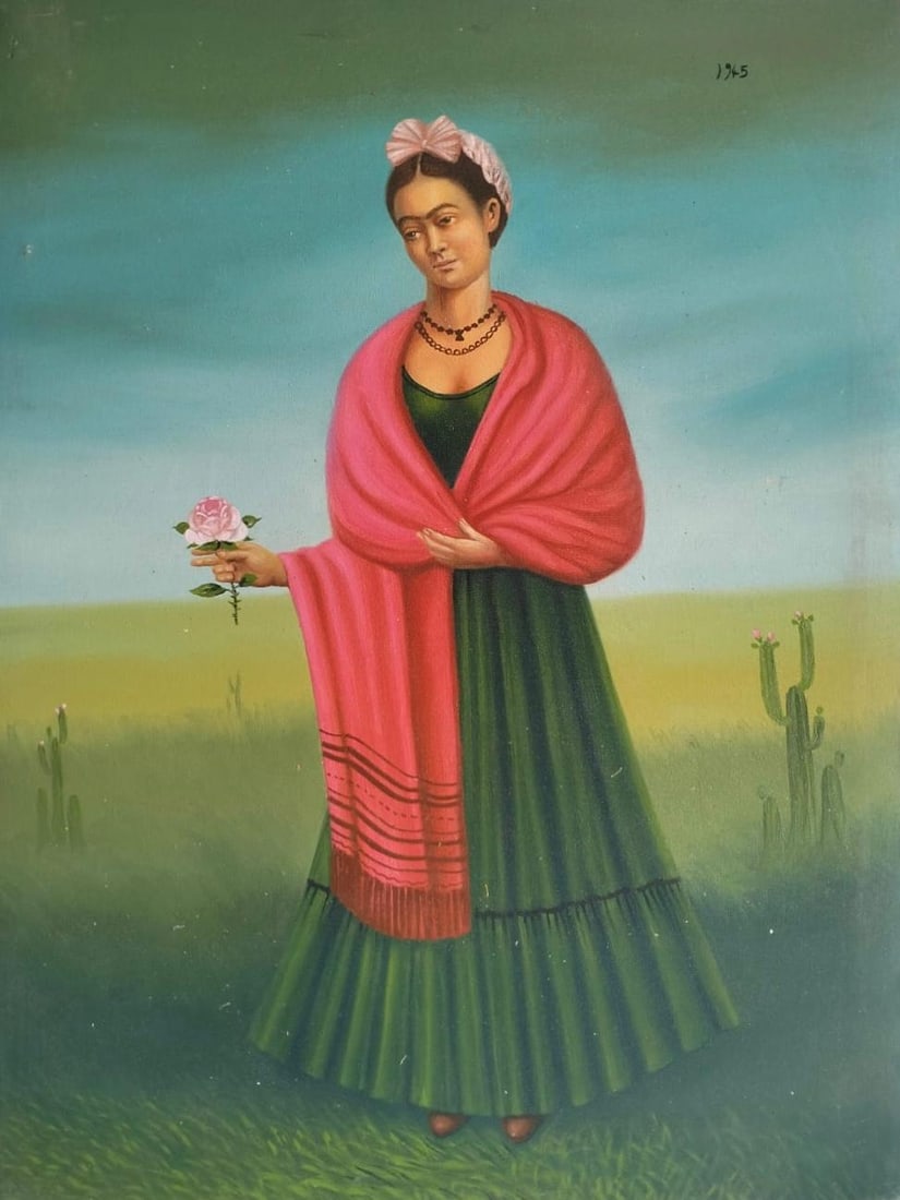 Frida Kahlo Mexican 1907-1954 Oil on Canvas Painting in The Style of. Dali & Kahlo Era: Title: Self Portrait Technique: Oil on Canvas Measures: 31 × 23 inches (78.7 × 58.4 cm) Year: Circa 1945 Condition: Good — the painting appears well preserved, with stable paint layers and harmoni